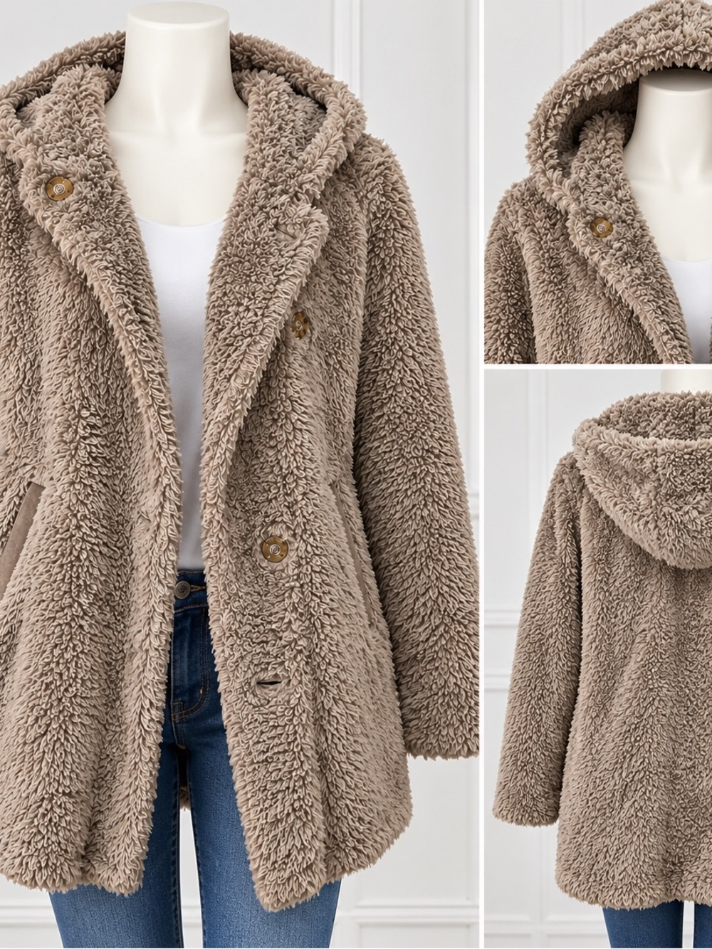 Women’s Hooded Teddy Coat - Taupe Faux Shearling Jacket